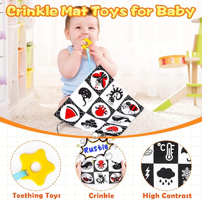 High Contrast Baby Toys for Newborn Infant 0-6 Months Montessori Tummy Time Black and White Sensory Crinkle Toys 0-3 3-6 Months Soft Books Carseat Toys for Baby Boys Girls Easter Basket Stuffers Gifts-BubblyBeeBaby