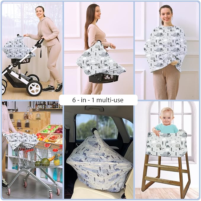 Car Seat Covers for Babies - Multi- use Nursing Carseat Canopy, Breastfeeding Covers, Baby Shower Gifts for Boys and Girls (Grey Dinosaur)-BubblyBeeBaby