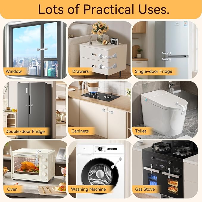 2 Pack Cabinet Locks/Refrigerator Locks Baby Proofing - Child Proof Locks for Drawer, Refrigerator, Fridge, Toilet Seat-No Screws or Tools Required (2 Pack-Grey Locks)-BubblyBeeBaby