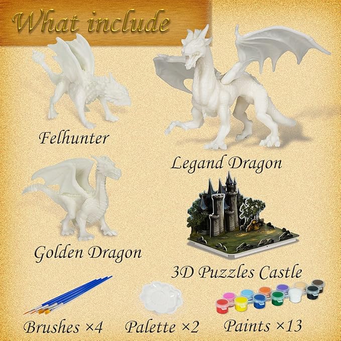Kids Arts Crafts Set - Dragon Toys Painting Kit with 3 Dragons Figurines and 3D Jigsaw Puzzle Castle, Best Tween Paint Gift to Create Own Powerful Dragon-BubblyBeeBaby