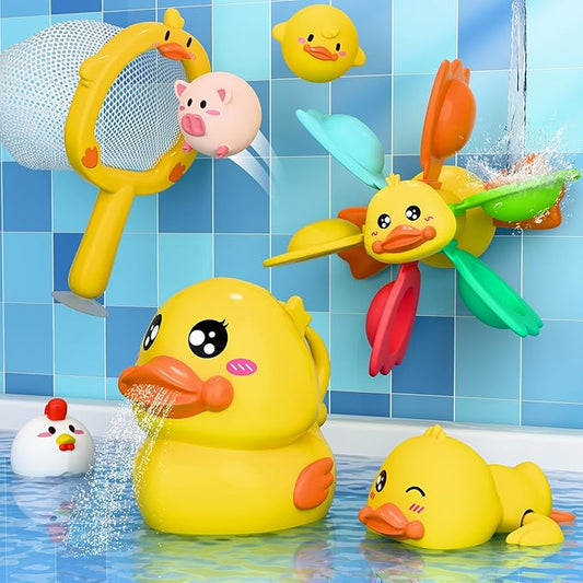 iPlay, iLearn Baby Duck Bath Toy, Toddler Bathtub Suction Water Spinner Gear, Kid Shower Fishing Game W/ Net, Light up Animal, Wind up Swimming Duck, Birthday Gift 6 9 12 Month 1 2 3 Year Old Boy Girl-BubblyBeeBaby