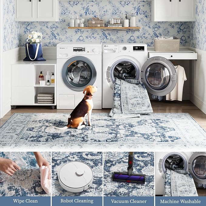 jinchan Runner Rug 2x7 Machine Washable Hallway Rug Dark Blue Vintage Floral Print Non-Slip Low Pile Ultra-Thin for Kitchen,Entryway,Laundry Room,Bedroom,Farmhouse (2‘x7’,Dark Blue)-BubblyBeeBaby