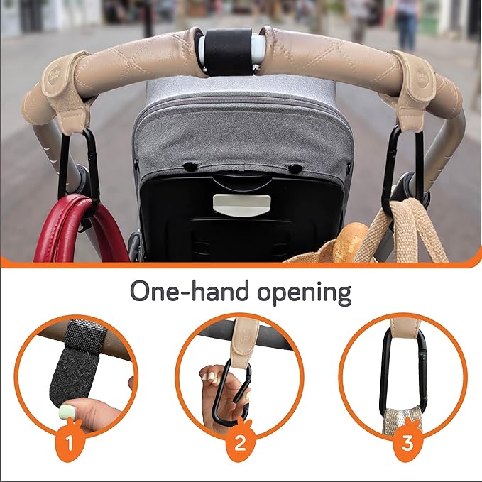 Baby Uma Stroller Hooks for Bags (2 Pack) - Leather-Style Stroller Clips and Hooks, Non-Slip Stroller Accessories, Carry 11 lbs Per Stroller Hook, Universal Baby Essentials & Stroller Accessories-BubblyBeeBaby