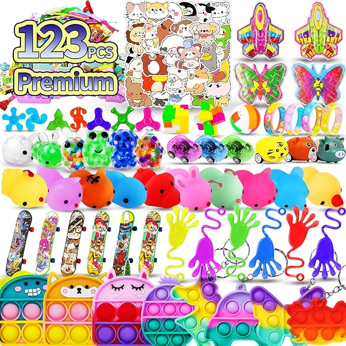 123 PCS Party Favors for Kids, Fidget Toys Bulk, Birthday Gifts Toys, Stocking Stuffers, Prize Treasure Box Toys for Classroom, Goodie Bags Stuffers, Pinata Filler, Carnival Prizes for Boys Girls 4-10-BubblyBeeBaby