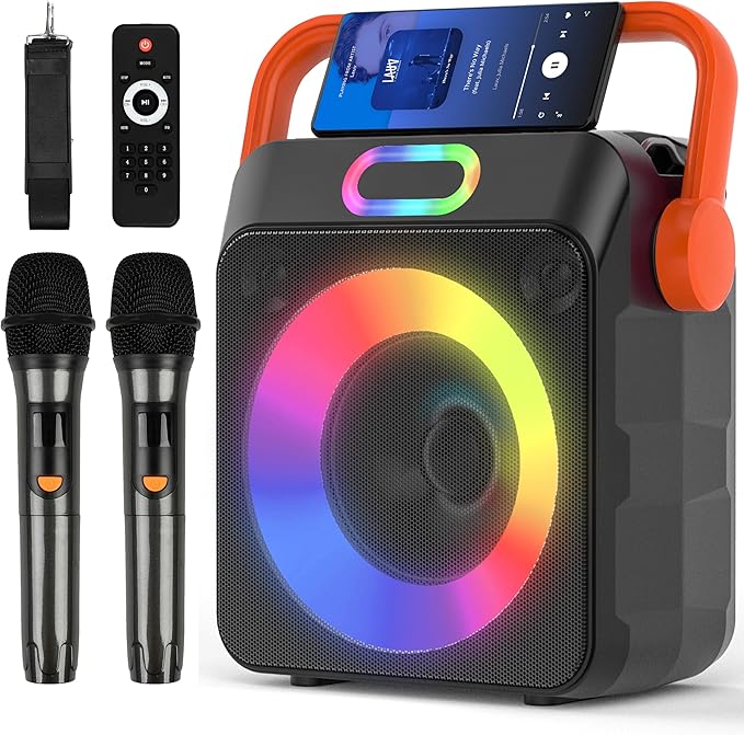 Karaoke Machine with 2 Wireless Microphones, Karaoke Machine for Adults & Kids, Portable Bluetooth Karaoke Speaker with Bass/Treble Adjustment, PA System, LED Lights, Supports TWS/USB/TF/REC/FM/AUX-BubblyBeeBaby