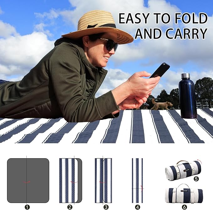 HX&OD Outdoor Picnic Blanket Extra Large, 80”x60” Waterproof Picnic Mat Foldable Camping Blanket Portable with Carry Strap for Beach Mat (Bule)-BubblyBeeBaby