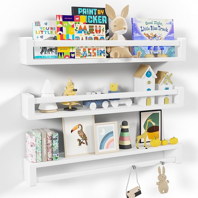 Heimlove Nursery Floating Shelves, White Nursery Book Shelves for Wall, 32 inch Wall Bookshelf for Kids Solid Wood Wall Mounted Shelves for Books,Toys and Decor Storage, Set of 3-BubblyBeeBaby