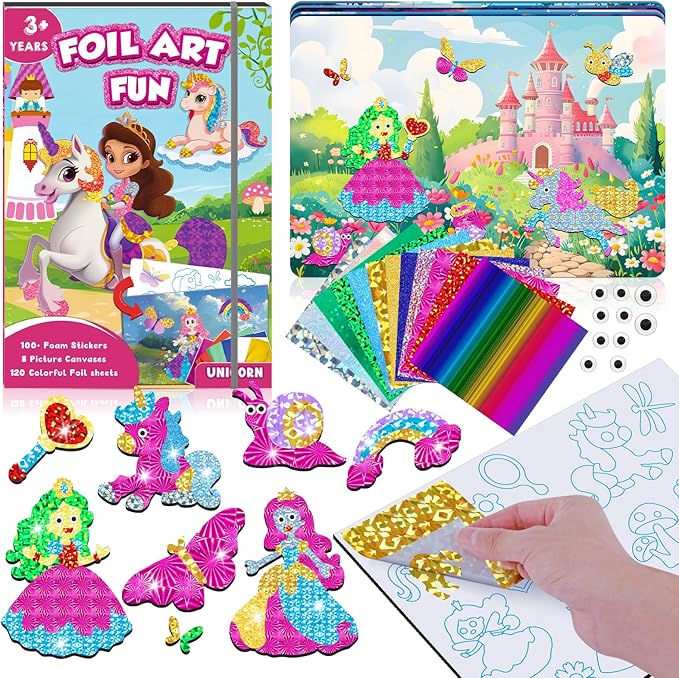 homicozy Art & Craft Activity for Kids-Foil Fun Unicorn & Princesses,No Mess Art Crafts for Girls,DIY Foil Foam Stickers,Creative Activity Kits,Kids Travel Toys,Gifts for Girls & Boys Ages 4-10-BubblyBeeBaby