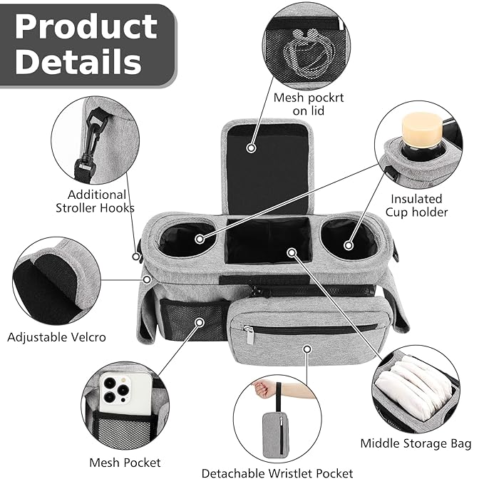 Accmor Universal Stroller Organizer with Insulated Cup Holder Detachable Phone Bag and Shoulder Strap,Stroller Bag Caddy Organizer Fits for Uppababy, Baby Jogger, Britax Strollers-BubblyBeeBaby
