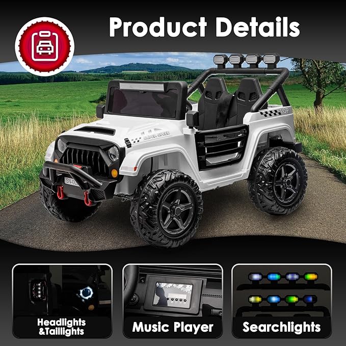 24V 2 Seater Ride On Truck with Remote Control 4WD Electric Car for Kids Ride On Car Battery Powered Ride On Toy Car with Music Player, LED Lights, Bluetooth, Rear Shock Absorber, White-BubblyBeeBaby