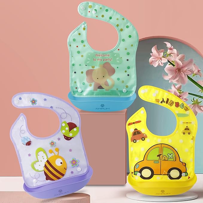 Amplim Baby Feeding Bib (3-Pack) Toddler/Baby Bibs for Eating. Waterproof, Adjustable, Lightweight. Eco-friendly PEVA material. BPA, Lead, Phthalate, Cadmium free-BubblyBeeBaby