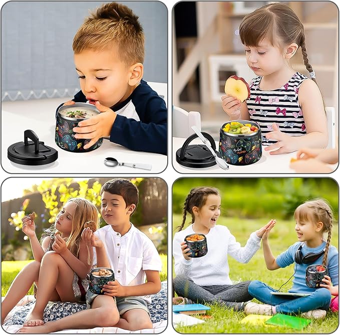 14oz Insulated Vacuum Food Jar with Buckle Lid,Soup Thermo for Hot Food Kids,Wide Mouth Leakproof Stainless Steel Lunch Container with Spoon-Black Game-BubblyBeeBaby