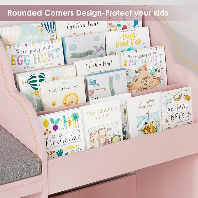 HOSTACK 67" Kids Reading Nook with Bench, Kids Bookshelf and Bookcase with Seat Cushion and 6 Storage Cubbies, Toy Storage Box on Wheels, Toy Chest for Playroom, Bedroom, School, Pink-BubblyBeeBaby