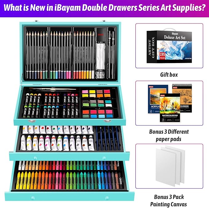 iBayam Arts and Crafts Kits for Kids Teens Girls Boys Adult, 195-Pack Deluxe Art Set Box with 3 PCS Drawing Pads, Canvases, Acrylic Painting, Drawing & Art Supplies for Pumpkin, Halloween, Christmas-BubblyBeeBaby