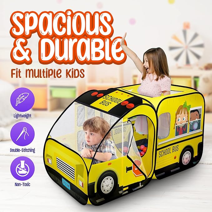 Kiddzery School Bus Pop Up Kids Play Tent - Tents with Sound Play Button for Toddler & Up - Girls and Boys Magic Wheels Bus for Indoor & Outdoor - Pretend Toy Playhouse - Playhouses for Toddlers-BubblyBeeBaby