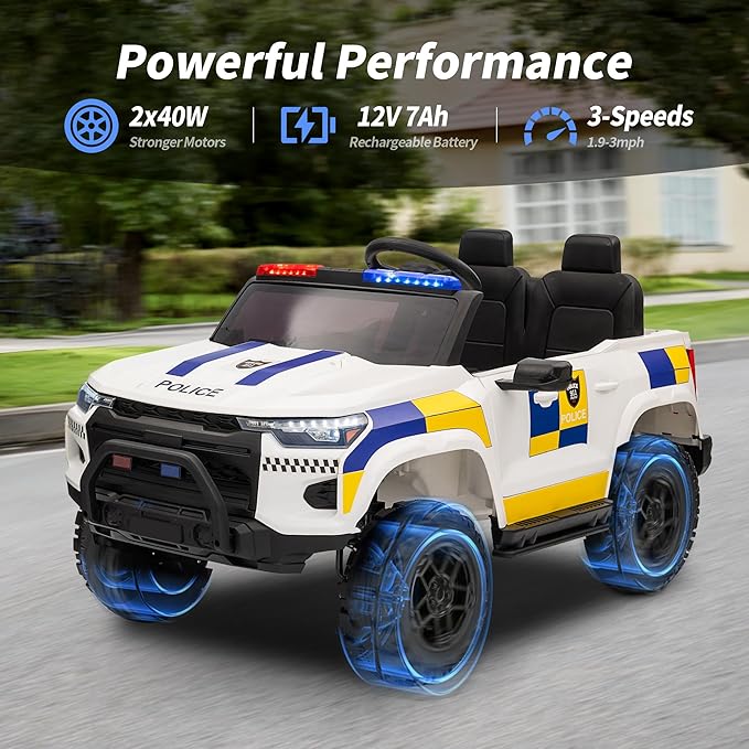 12V 7Ah Electric Police Car Ride on Toy for Big Kids, 2 Seater Kids Ride on Car SUV w/Remote Control, Bluetooth - White-BubblyBeeBaby