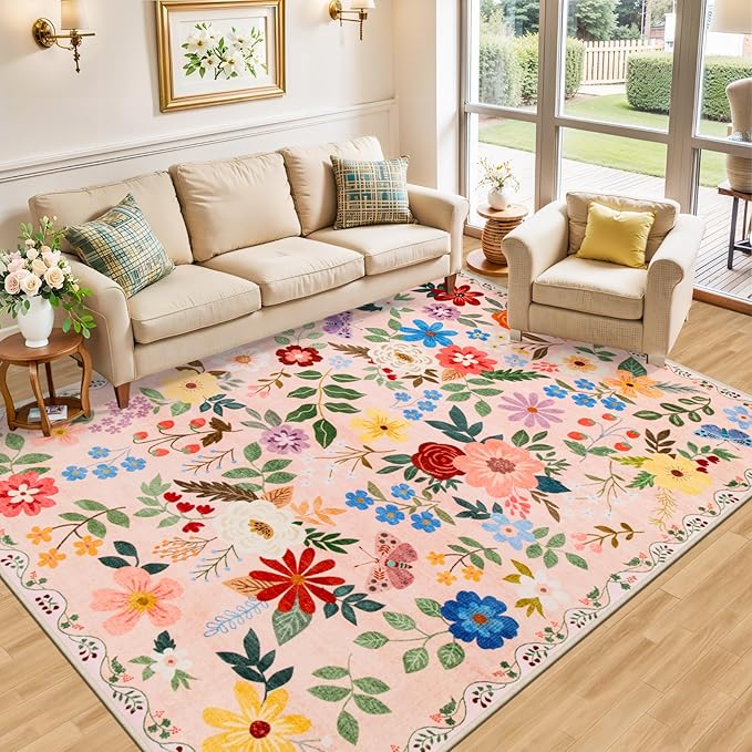 10x14 Area Rugs for Living Room: Floral Washable Rug Vintage Large Soft Boho Non-Slip Carpet Stain Resistant Low Pile Carpets for Bedroom Dining Room Farmhouse Nursery Hallway Home Office Beige-BubblyBeeBaby