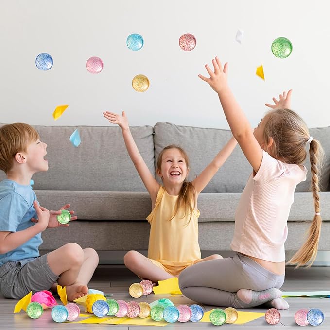 JOYIN 24 PCS Glitter Bouncy Balls, 6 Styles 32mm Assorted Bouncy Balls Bulk with Storage Bag, Bounce Toys for Kids Party Favors Birthdays Gifts Goodie Bags Stuffers Carnival Prizes-BubblyBeeBaby