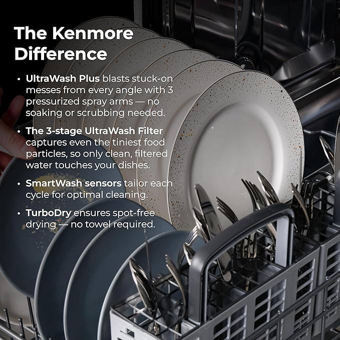 Kenmore 22-14625 24" Built-In Dishwasher - Quiet Tub with TurboDry, Leak, & SmartWash Soil Detection - 15 Place Settings - 49 DBA - ENERGY STAR Certified - Fingerprint Resistant Stainless Steel-BubblyBeeBaby