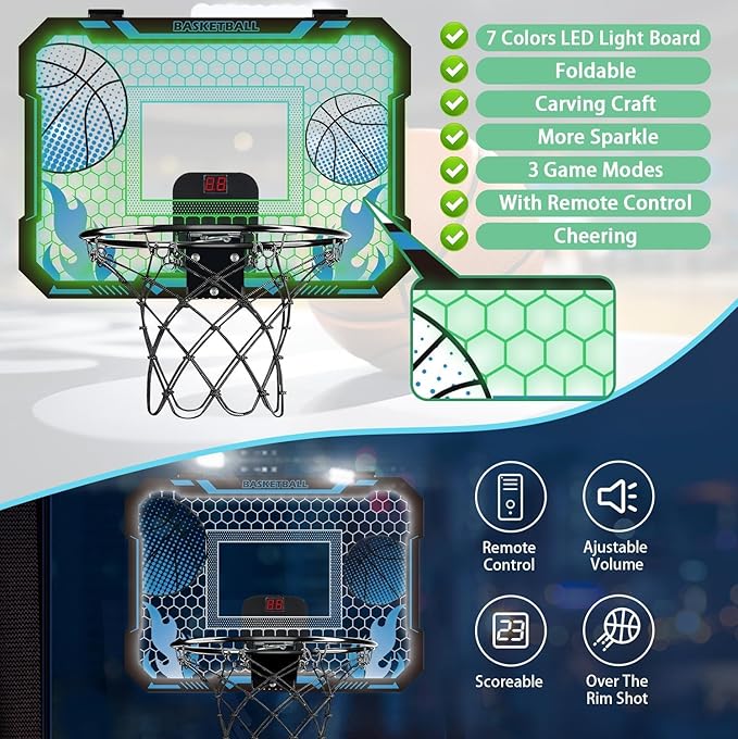Indoor Basketball Hoop for Kids with Led Lights Mini Basketball Hoop with Remote Control Over The Door Basketball Hoops with Scoreboard Basketball Toys for 4-12 Year Old Boys Girls-BubblyBeeBaby