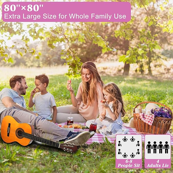 HX&OD Outdoor Picnic Blanket, Extra Large, 80''x80'' Waterproof Foldable Blankets Gingham Picnic Mat for Beach, Camping Grass Lawn Park Accessories Cute Couple Ideas Wedding (Pink, 80”x80”)-BubblyBeeBaby