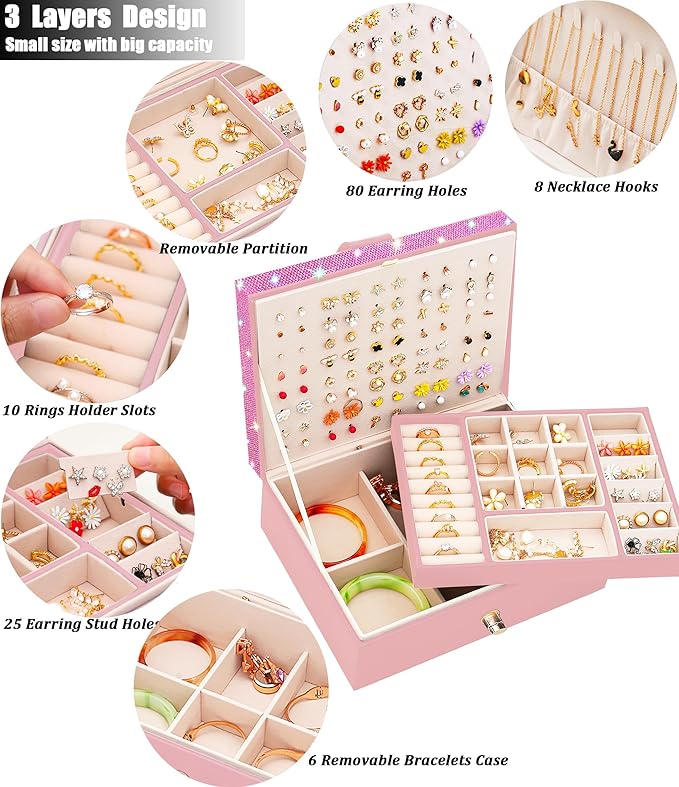 Jewelry Box for Earrings for Girls Jewelry Organizer Box Earring Holder Organizer for Girls Earring Box Jewelry Box Stud Earring Organizer for Girls Earring Jewelry Boxes for Women Pink Bling-BubblyBeeBaby