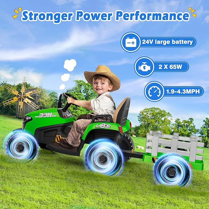 24V Ride On Tractor w/Tiltable & Detachable Trailer, 2x65W Motors, EVA Tires, Remote Control, Bluetooth, Shifter, Music, Electric Car for Kids, Green-BubblyBeeBaby