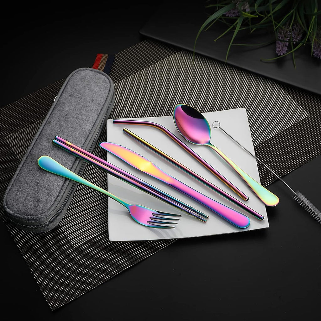 DEVICO Portable Utensils, Travel Camping Cutlery Set, 8-Piece including Knife Fork Spoon Chopsticks Cleaning Brush Straws Portable Case, Stainless Steel Flatware set (Rainbow)