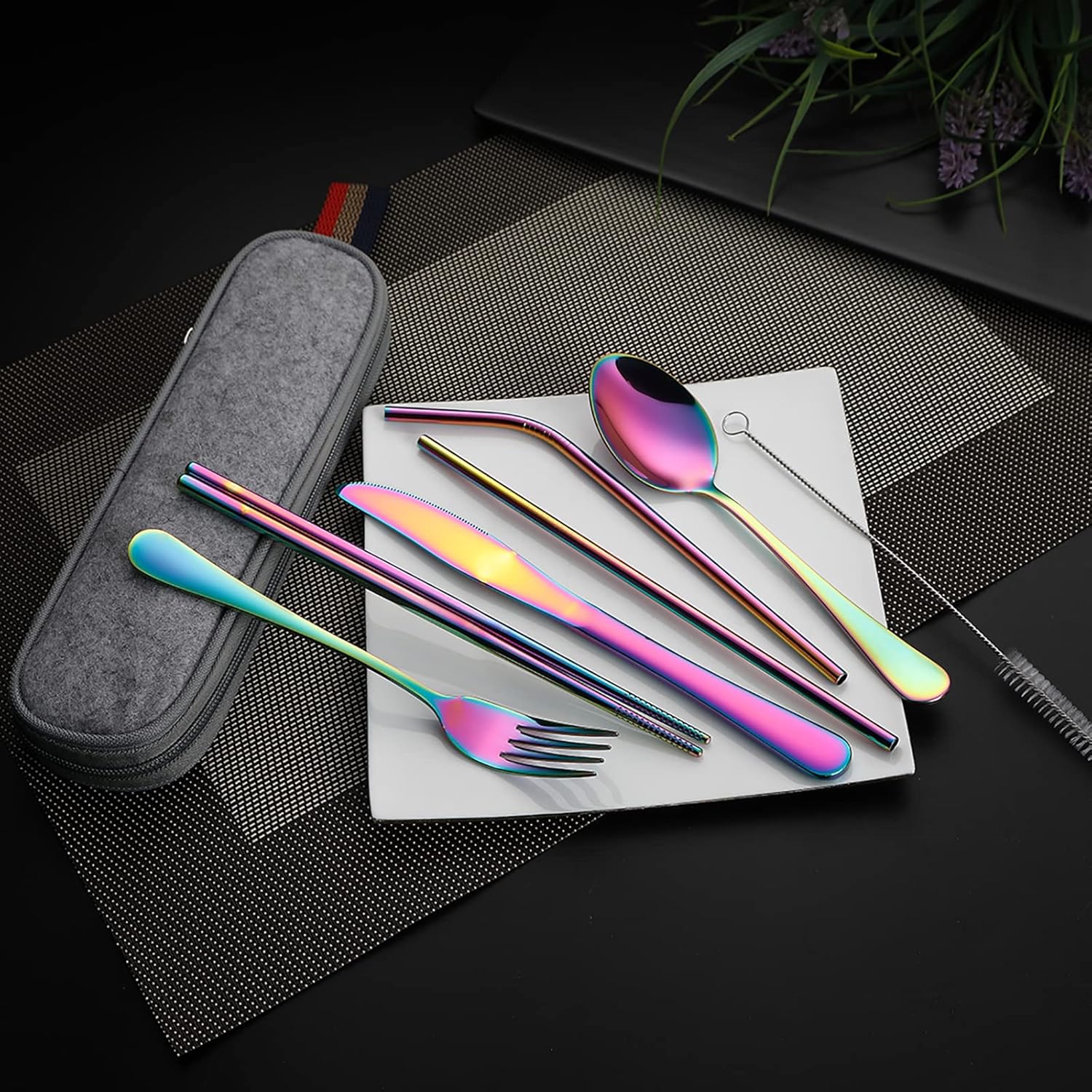 DEVICO Portable Utensils, Travel Camping Cutlery Set, 8-Piece including Knife Fork Spoon Chopsticks Cleaning Brush Straws Portable Case, Stainless Steel Flatware set (Rainbow)