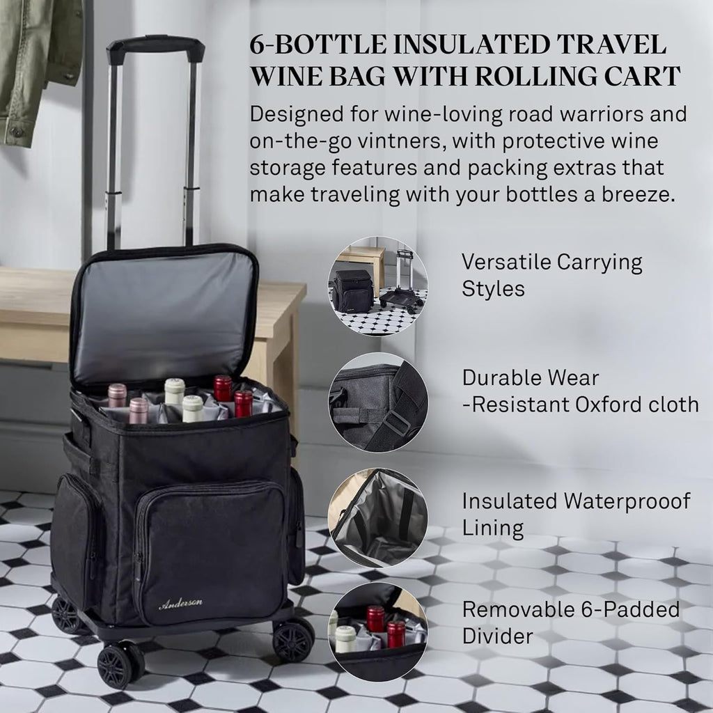 Wine Enthusiast 6 Bottle Insulated Wine Bag with Rolling Cart - Waterproof Oxford Cloth Wine Travel Tote with Shoulder Strap, USB Port, Pockets - Folding Trolley for Wine Transport - Fridge Bag