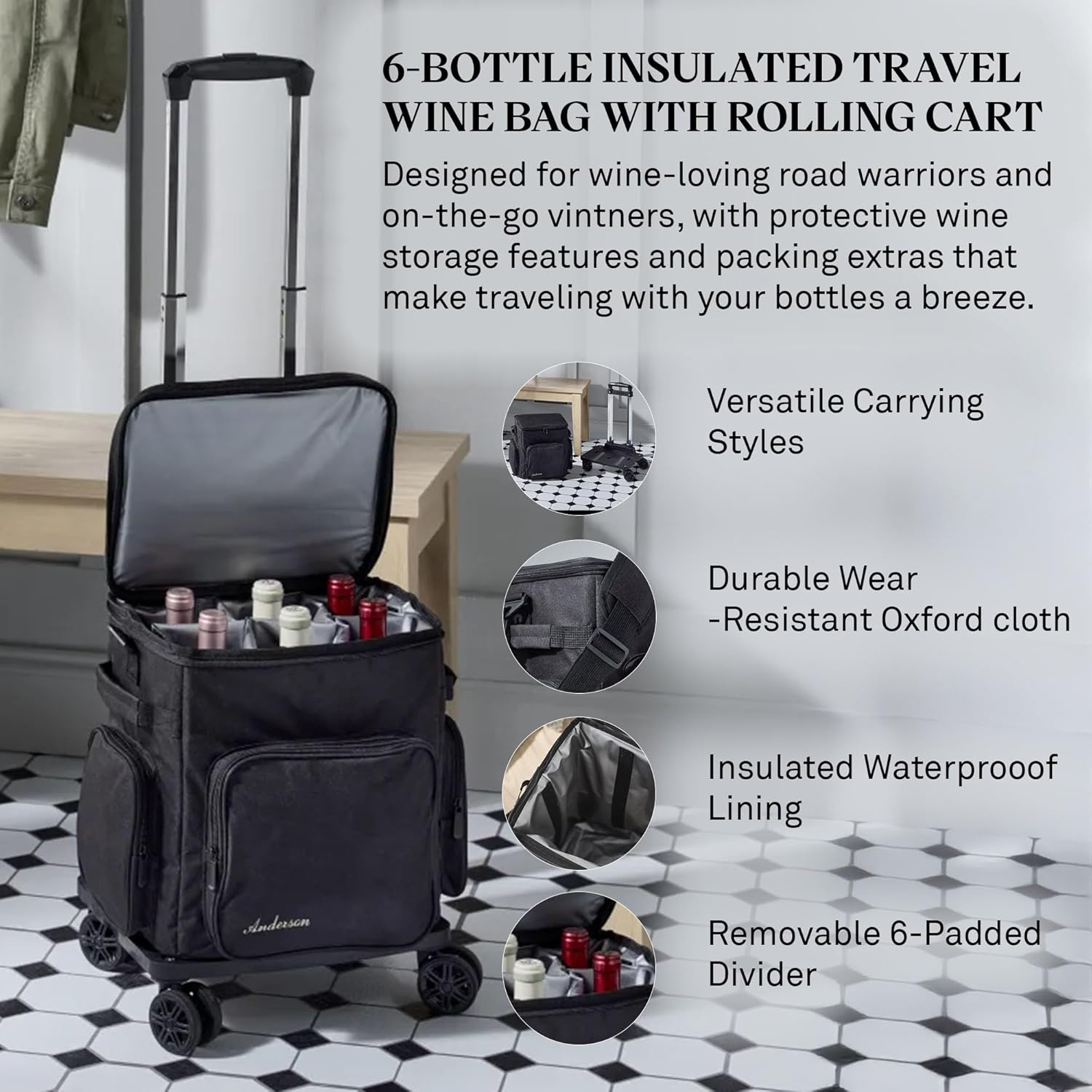 Wine Enthusiast 6 Bottle Insulated Wine Bag with Rolling Cart - Waterproof Oxford Cloth Wine Travel Tote with Shoulder Strap, USB Port, Pockets - Folding Trolley for Wine Transport - Fridge Bag