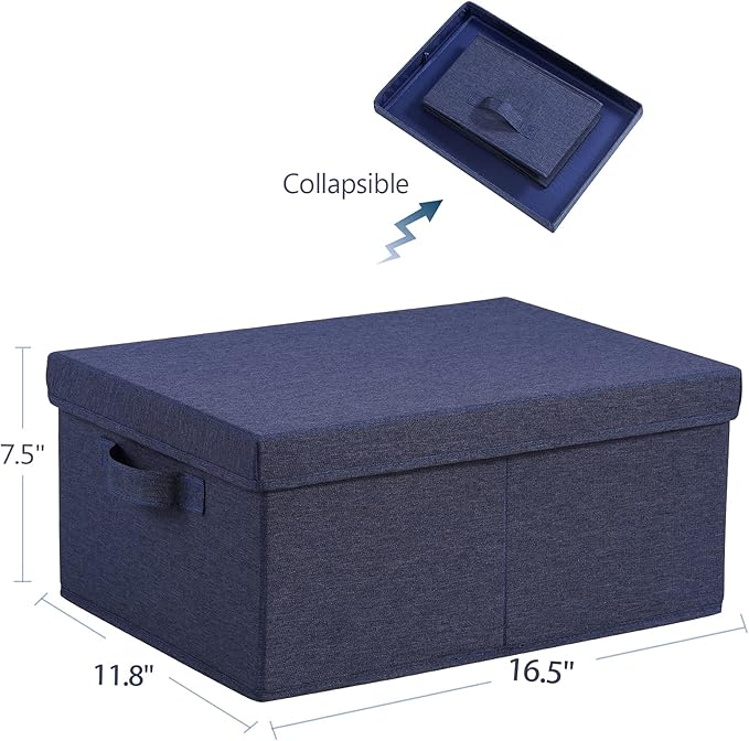 HOONEX Foldable Storage Bins with Lids, Pack of 2, Storage Boxes with 2 Carrying Handles and Heavy Cardboard, 16.5" L x 11.8" W x 7.5" H for Shoes, Clothes, Blue-BubblyBeeBaby