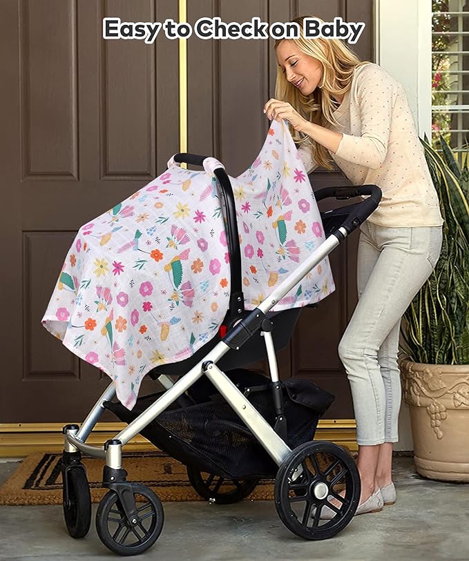 Rquite Muslin Car Seat Cover Baby, Carseat Covers Baby Girl Boy, Breathable Lightweight Infant Car Seat Cover, Baby Carrier Cover Car Seat Canopy Stroller Sun Shade for Summer & Hot Day, Universal Fit-BubblyBeeBaby