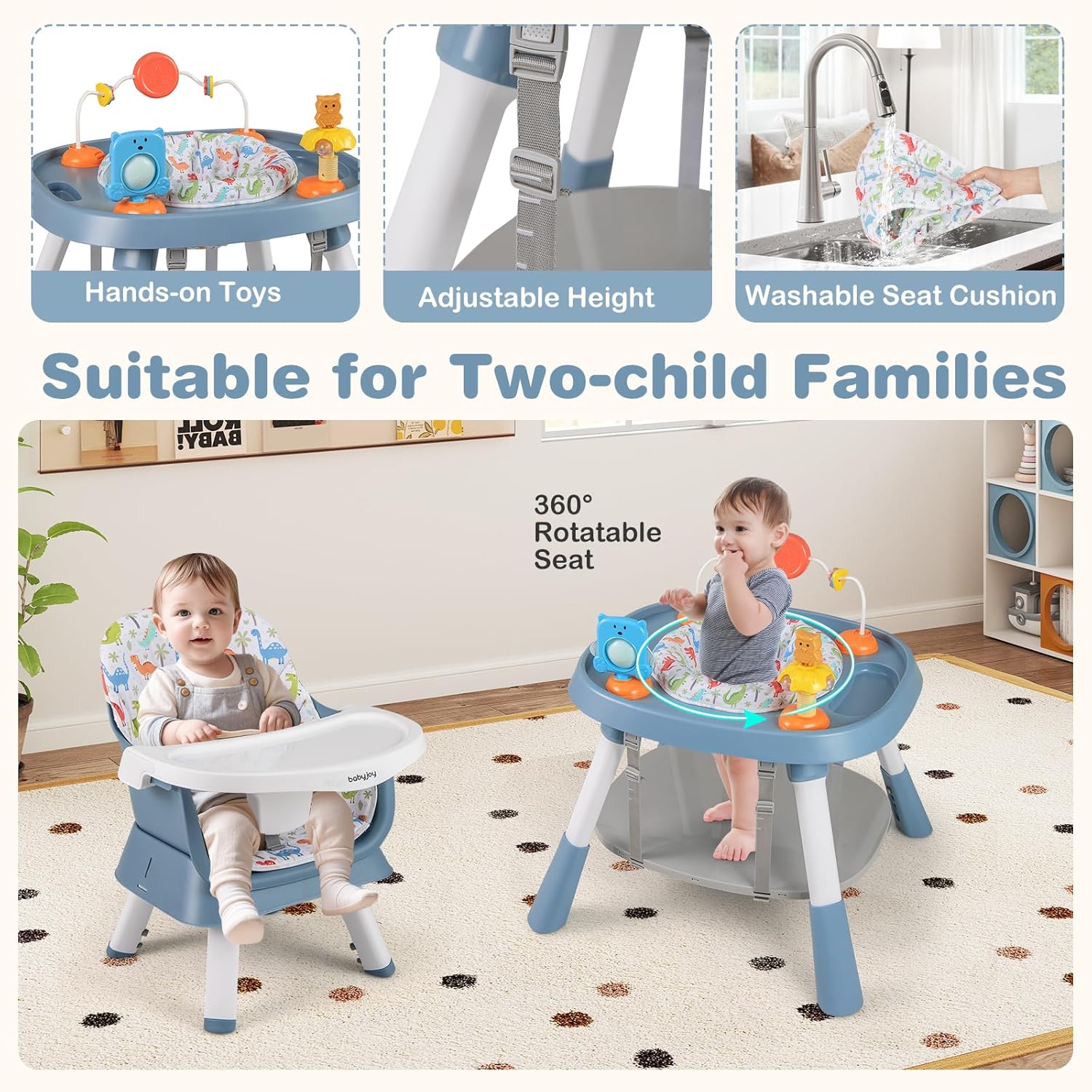 BABY JOY 16 in 1 High Chair, Convertible Baby Highchair for Babies and Toddlers with Activity Center, Booster Seat, Building Block Table, Toddler Chair with Safety Harness, Removable Tray (Blue)