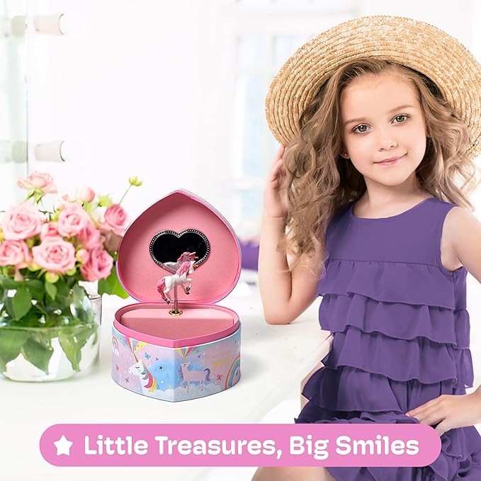 Jewelkeeper Music Jewelry Box for Girls - Sturdy Plastic with Fancy Mirror Twirling Unicorn Figurine and Flocked Lining - Kids Jewelry Box for Secrets and Keepsakes - Heart Shaped Unicorn Print-BubblyBeeBaby