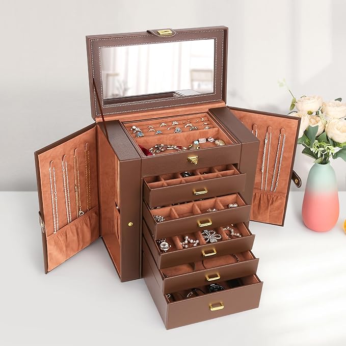 Kendal Extra Large Jewelry Box Jewelry Case PU Leather 6 Tier 5 Drawers Large Storage Capacity with Mirror Jewelry Storage Organizer Great Gift Also Good For Watches LJC-SHD5BN (Brown)-BubblyBeeBaby
