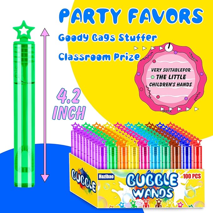 100 PCS Bubble Wands for Kids, 10 Colors Bulk Bubble Wand with Star Top, Perfect for Birthday, Carnival, Summer Outdoor Toys,Goody Bags Stuffer,Prize,Party Favors, Wedding-BubblyBeeBaby