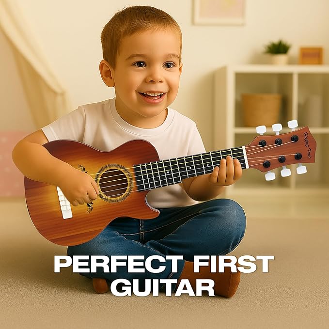 23" Acoustic Guitar, Kids 6 String Toy Guitar - Realistic Steel Strings - Beginner Practice First Musical Instrument for Children, Toddlers (Brown)-BubblyBeeBaby