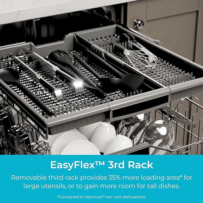 Kenmore 18" Built-in Stainless Steel Tub Dishwasher EasyFlex 3rd, SmartWash, UltraWash Plus, TurboDry, MoreSpace Adjustable Rack, Energy Star Certified, White-BubblyBeeBaby