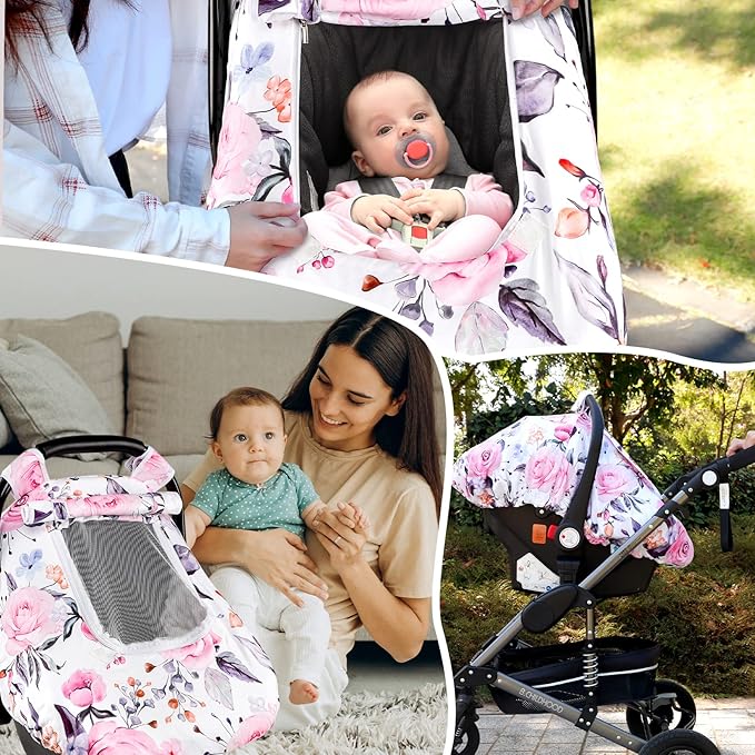 Floral Baby Carseat Cover Girls, Pea Pod Infant Car Seat Covers Canopy for Newborn with 2 Layers Windows of Breathable Mesh/Fabric, Lightweight Polyester/Minky Dot Backing, Snug Fit Most Baby Car Seat-BubblyBeeBaby