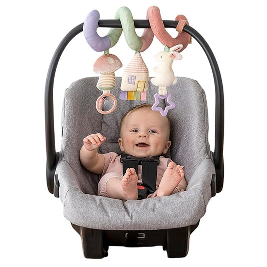 Itzy Ritzy Spiral Car Seat & Stroller Activity Toy - Stroller & Car Seat Toys for Ages 0 Months and Up - Hanging Toys Include Dangling Ring, Mirror and Textured Ribbons (Pastel Rainbow)-BubblyBeeBaby