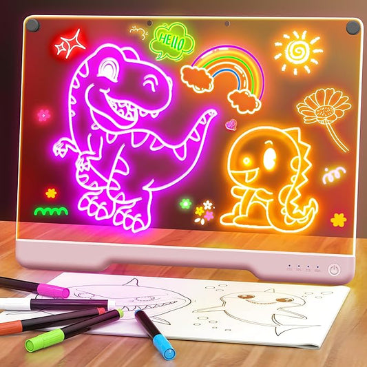 16-Inch Rechargeable Doodle Glow LED Note Board, 7-Color Light Modes, Neon Art Dry Erase Light Up Drawing Pad with Built-in Stand, Sketching Gift Toy for Kids/Girls/Teens, 5 Markers & Tracing Book-BubblyBeeBaby