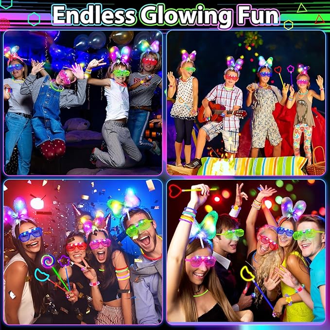 112PCS Glow in the Dark Party Supplies for Kids Adults, Light Up Party Favors with Light Up Glasses, 50 Glow Sticks Bulk Pack for DIY Bracelets Necklaces, Neon Party Supplie Decorations for Hallowee-BubblyBeeBaby