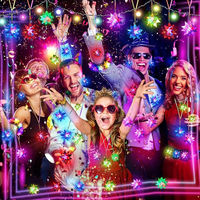 HONLYNE24 PCS Flashing Crystal Star Necklaces, Glow Necklaces Bulk Light up Party Favors, LED Glow in The Dark Necklaces for Kids Adults Birthday Glow Party Rave Halloween Goodie Bags Filler-BubblyBeeBaby