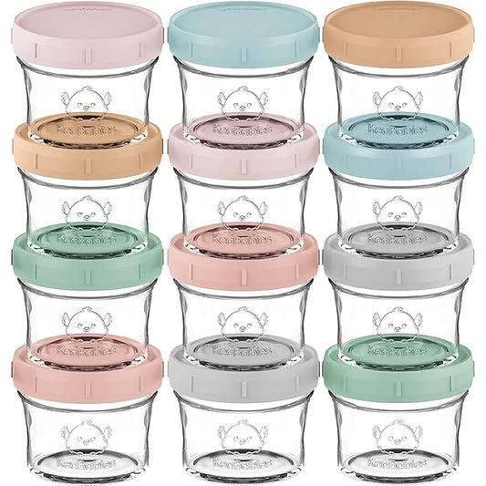 KeaBabies 12pk 4oz Glass Baby Food Containers with Lids - Leak-Proof, Microwavable Small Glass Jars, Baby Purees & Toddler Snack Storage Containers, BPA-Free, Dishwasher & Freezer Safe (Musk Dusk)-BubblyBeeBaby