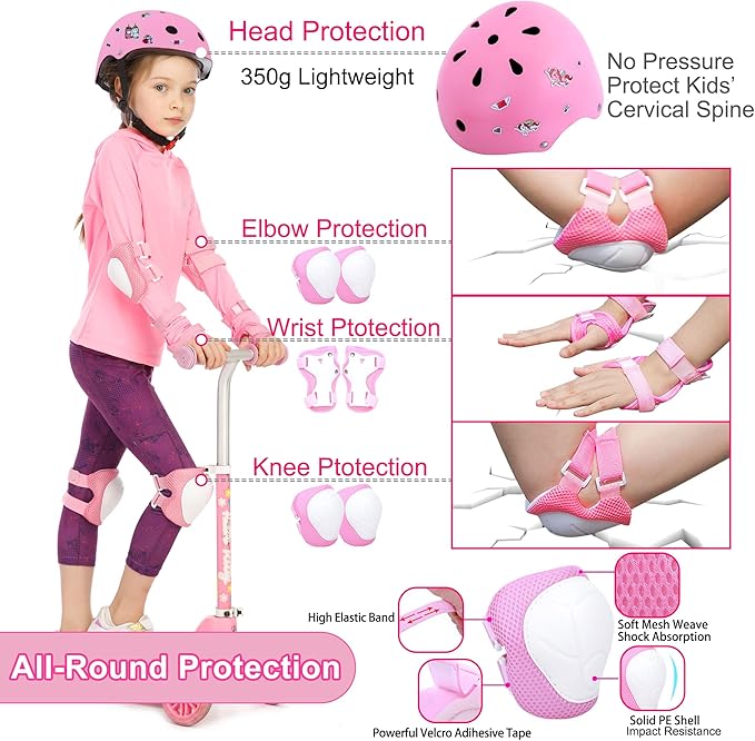 Kids Bike Helmet with DIY Stickers and Knee Pads Elbow Pads Wrist Guard Set for Ages 3-8-14 Toddler Boys Girls Helmet for Roller Skates Cycling Skateboarding Bicycle Scooter-BubblyBeeBaby