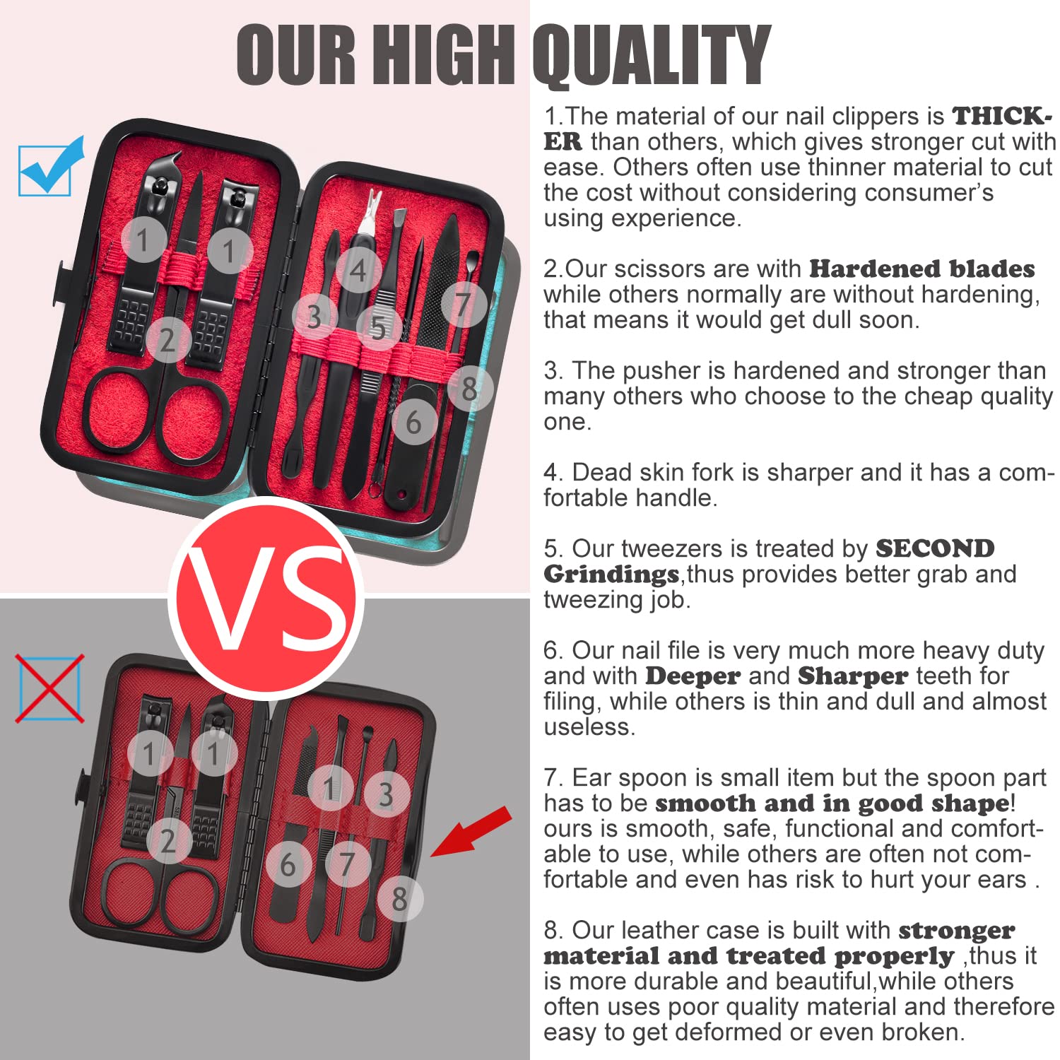 Manicure Set 9 in 1 Stainless Steel, Nail Clippers Scissors Pedicure Tools Kit - Portable Travel Grooming Kit for Men and Women with Black/Red Leather Case (Red)