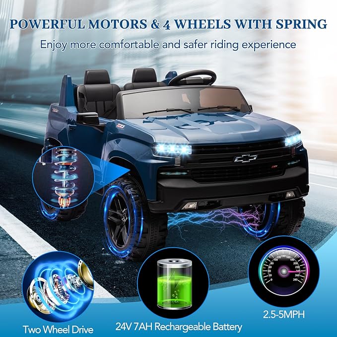Hetoy 24V 2-Seater Truck Licensed Chevrolet Silverado Ride On Car Toy w/Parent Remote Control,4xSpring Suspension, 3 Speeds, Wireless Music, MP3 Player, Electric Vehicle Car for Kids, Blue-BubblyBeeBaby