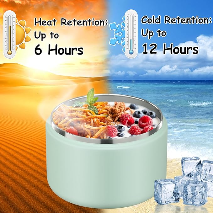 12oz Insulated Vacuum Food Jar with Buckle Lid Wide Mouth Soup Thermo for Hot Food Kids Leakproof Stainless Steel Lunch Container (Mint, 12OZ)-BubblyBeeBaby