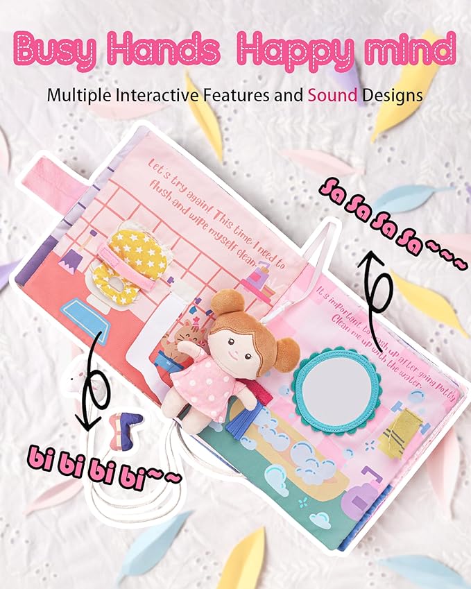Interactive Sensory Soft Cloth Book, Educational Crinkle Quiet Activity Busy Book for Babies,Toddler Travel Toy Gift for Boys and Girls (Hello Potty)-BubblyBeeBaby